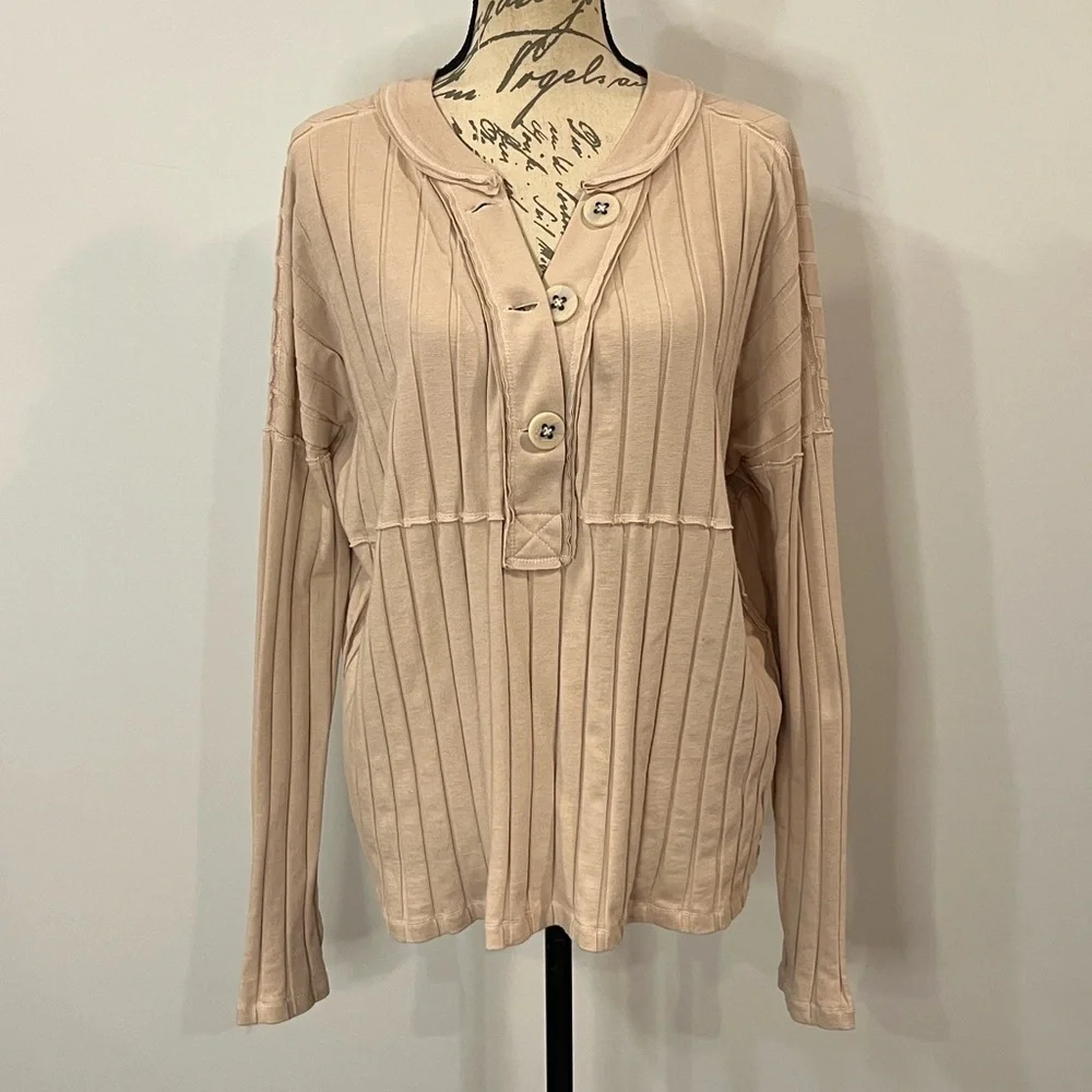 Free People We The Free ‘In The Mix’ slouchy ribbed cotton blend henley top L